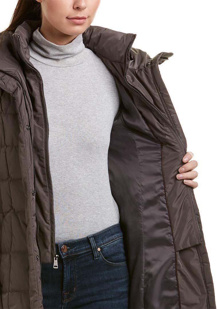 Women's long puffer coat close-up, dark brown hooded quilted front and pockets