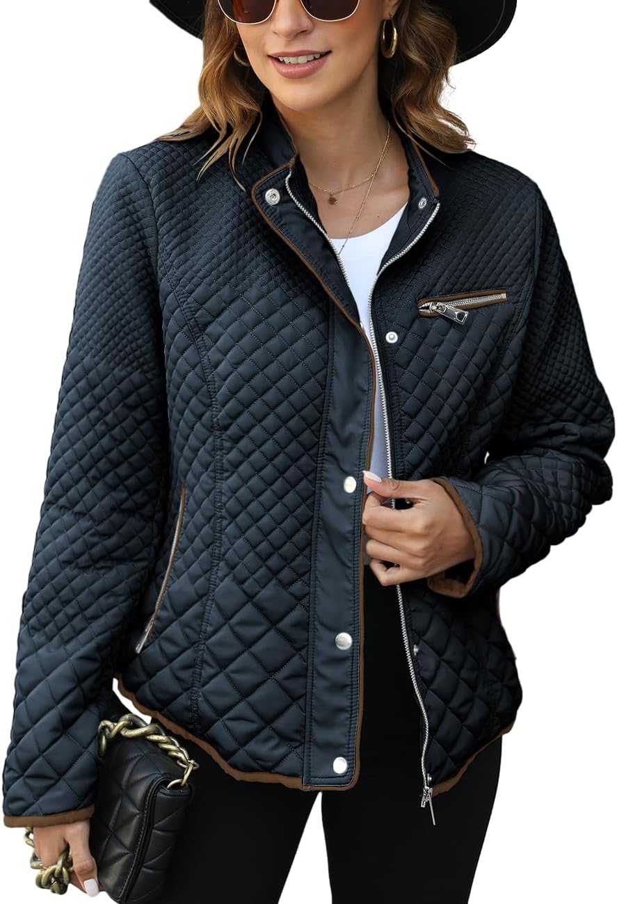 Women’s quilted puffer jacket with stand collar, snap front, navy blue finish