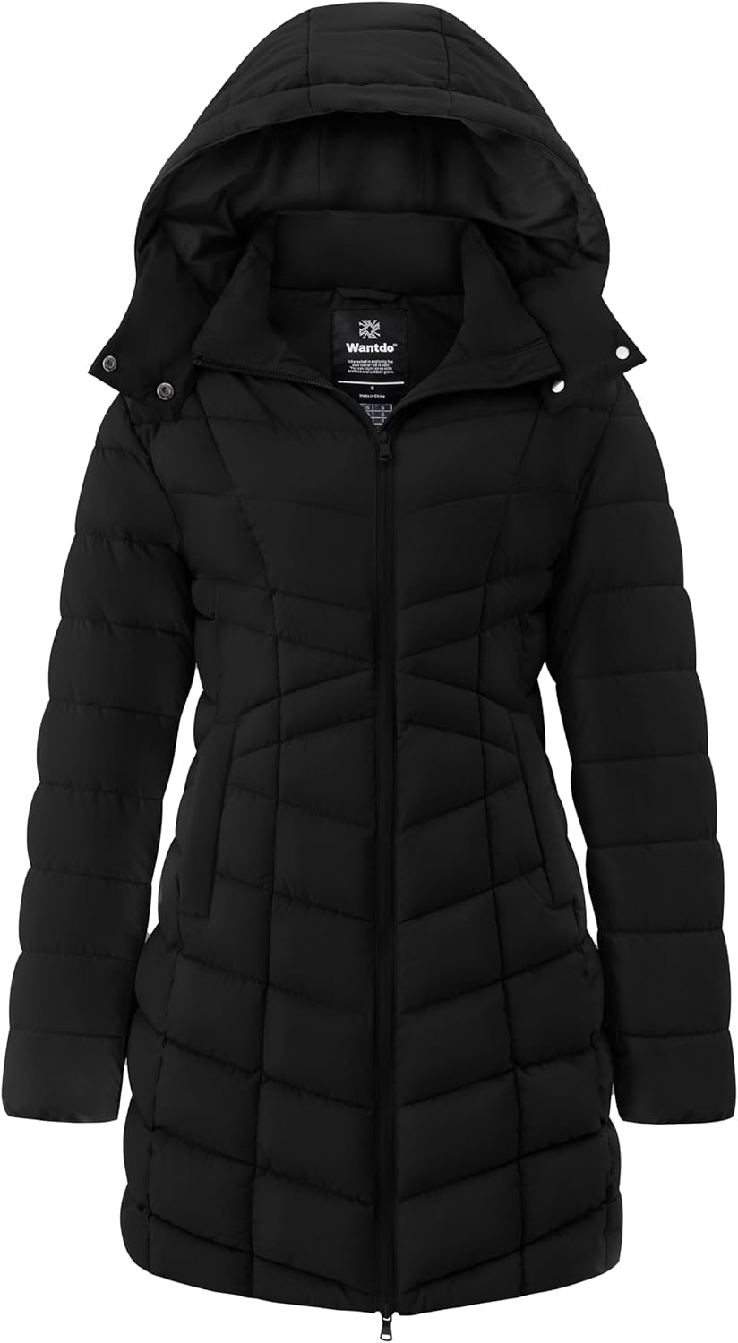 Women’s long quilted puffer jacket with hood, full-zip front, black (front view)