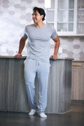 Men's heather gray short-sleeve lounge pajama set with matching drawstring pants