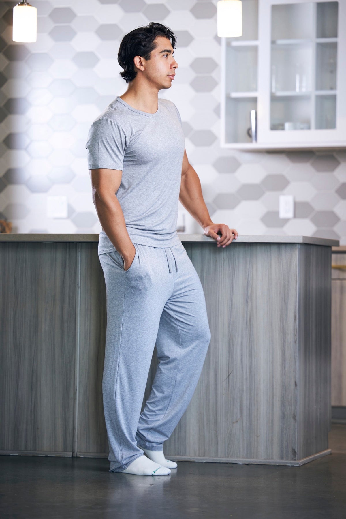 Men's heather gray short-sleeve lounge pajama set with matching drawstring pants