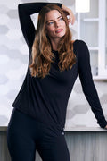 Black long-sleeve lounge T-shirt for women with scoop neck