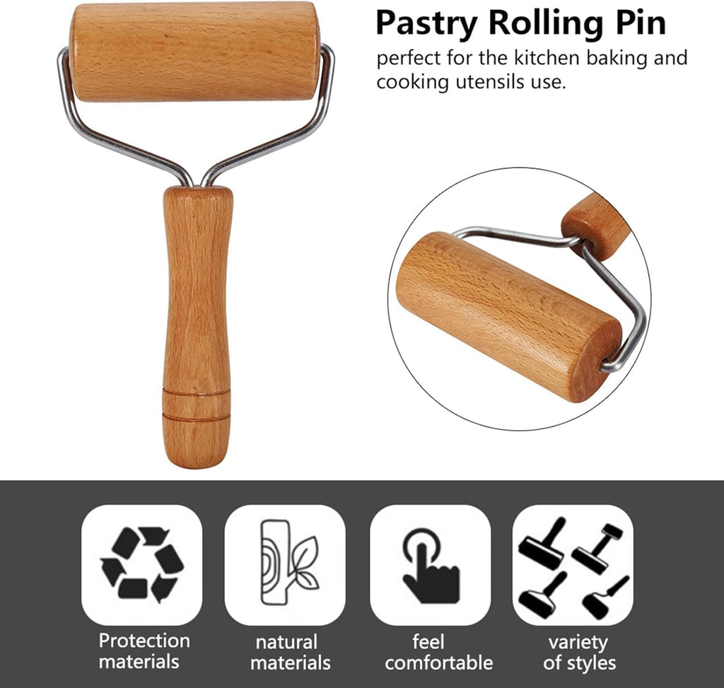 Pastry rolling pin with wooden roller and U-shaped metal handle for dough