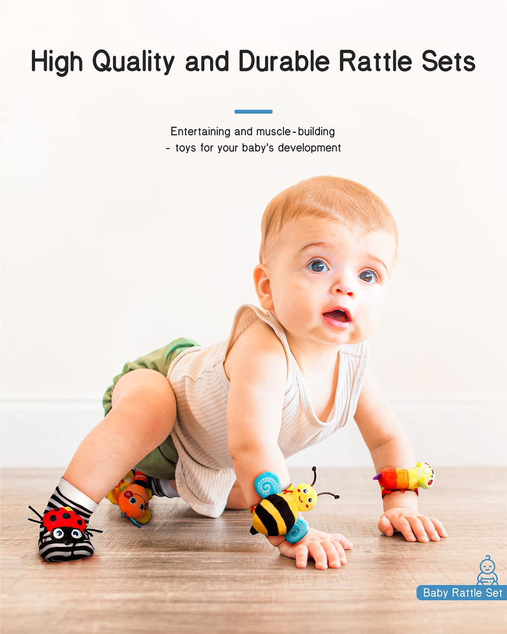 Baby crawling wearing striped bug rattle socks and a bee wrist rattle