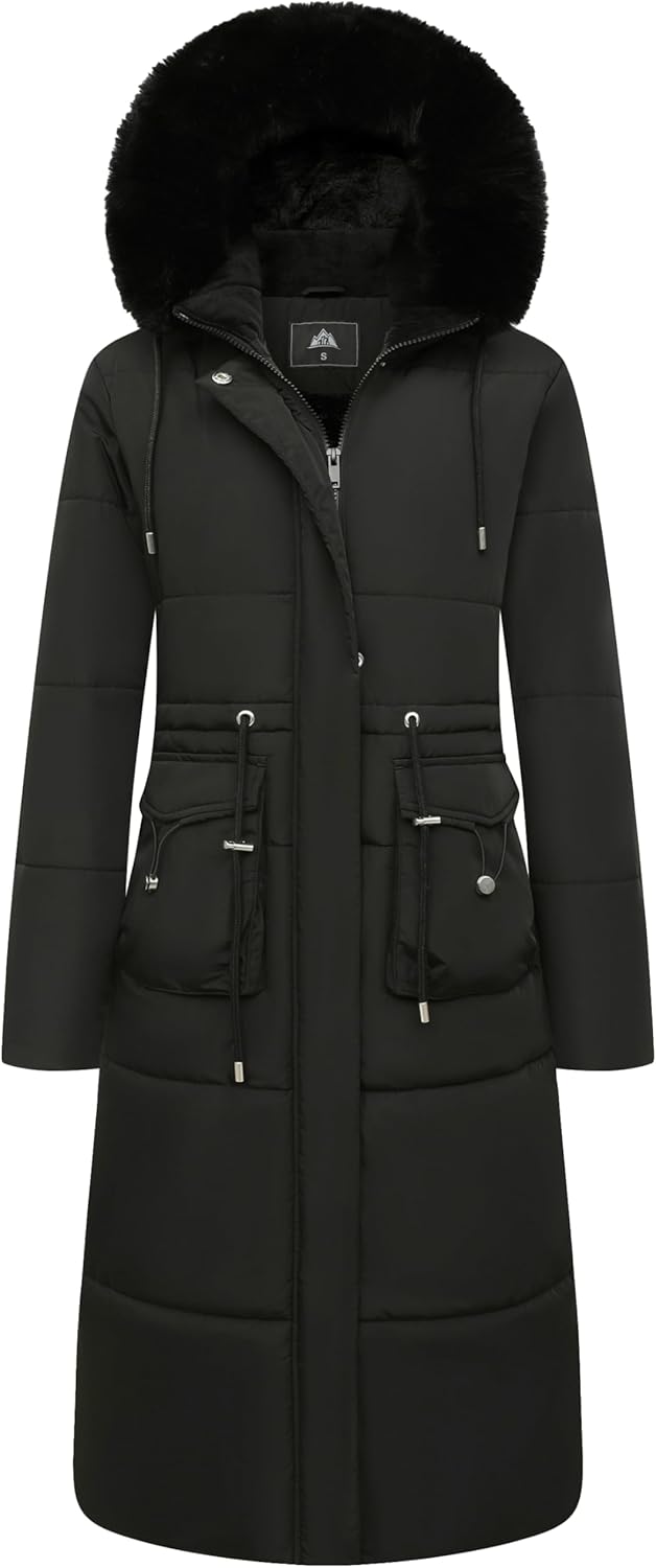Black long puffer coat with faux fur hood, zipper front, drawstring waist pockets