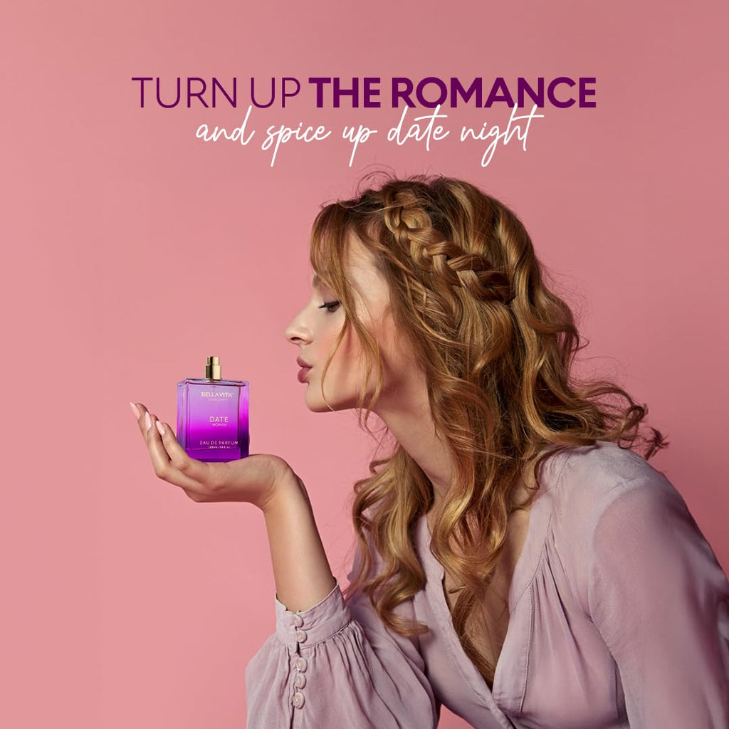 Purple Eau de Parfum bottle with gold cap, shown in hand, 100 ml