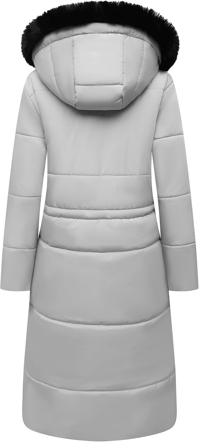 Light gray long puffer coat with faux-fur hood, quilted panels, front zip