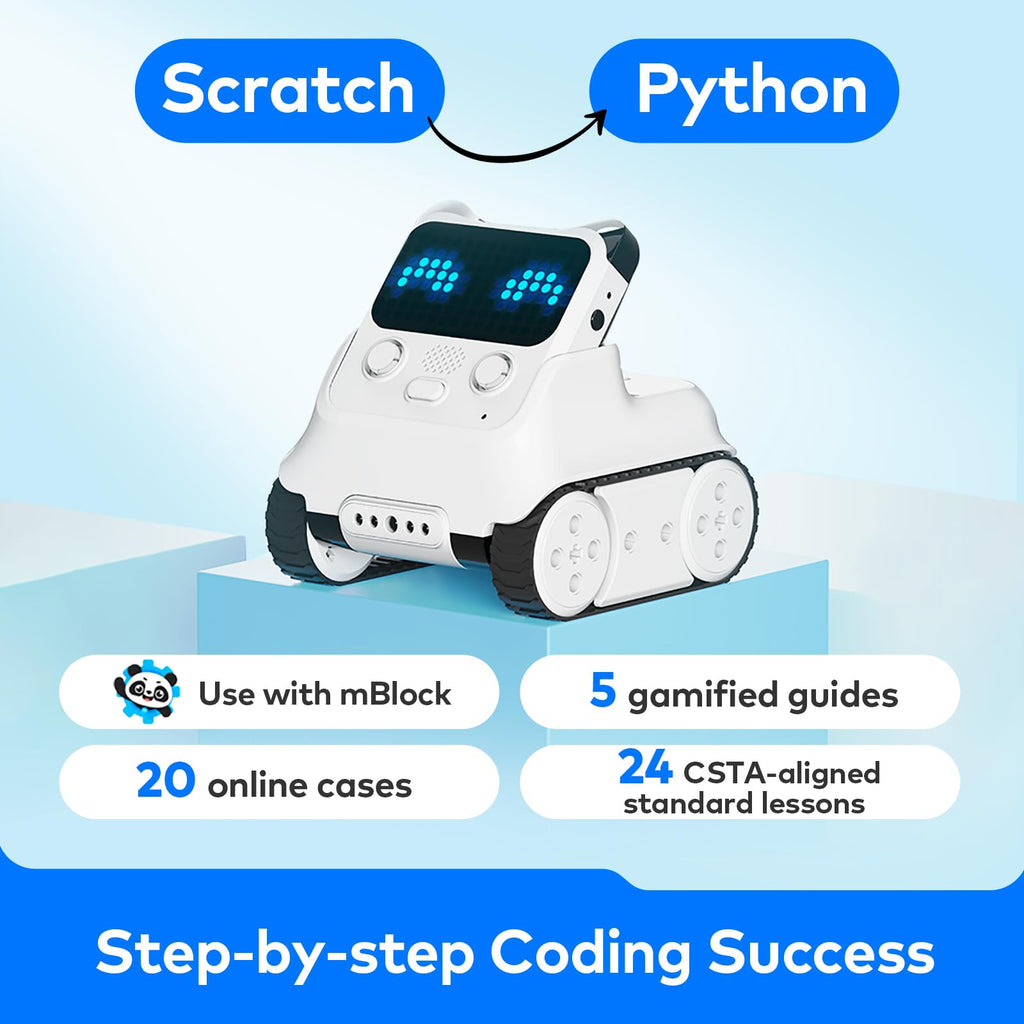 White robot coding toy with blue LED matrix, side view on a display stand.