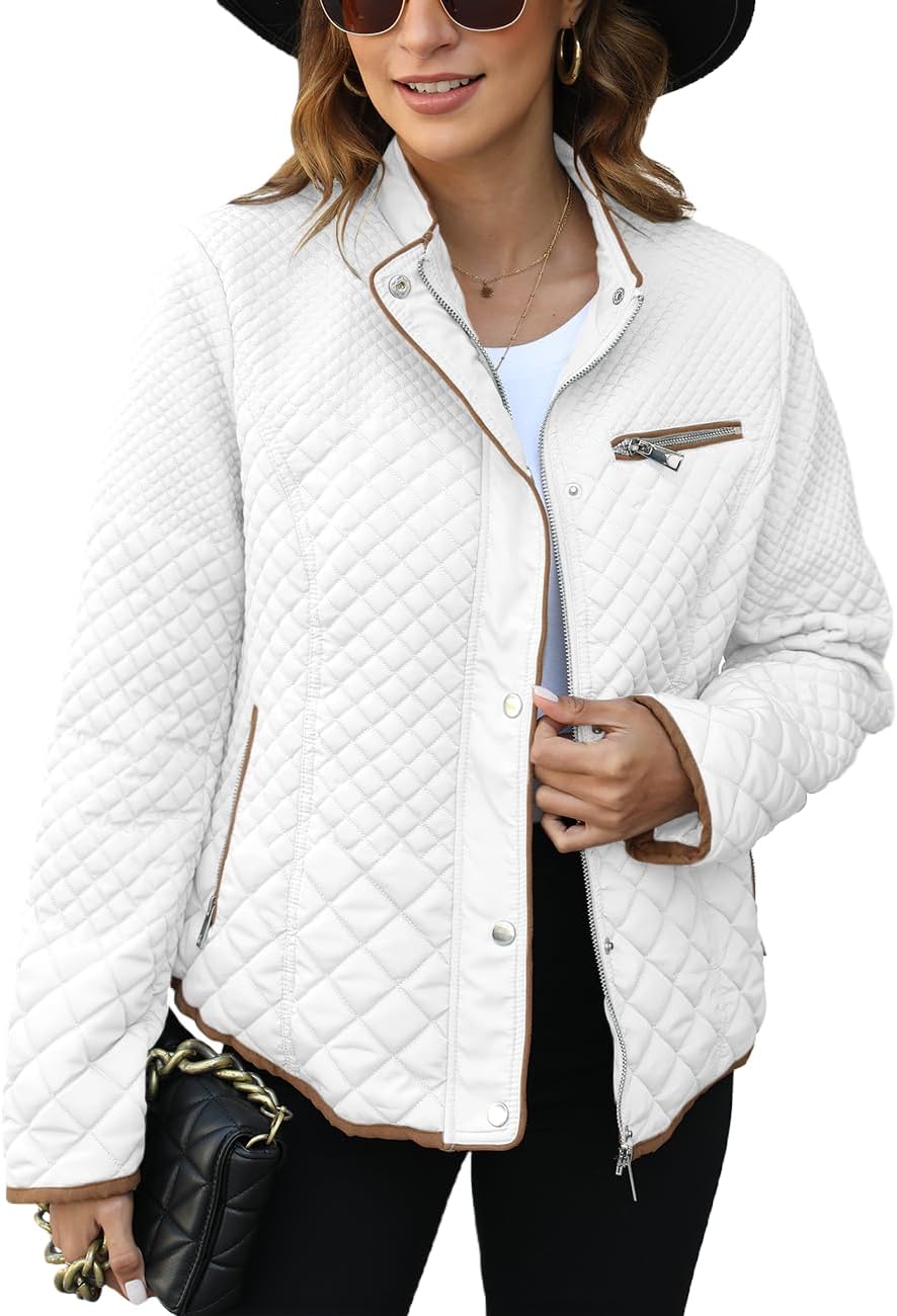 Lightweight quilted puffer jacket with stand collar, full zip, long sleeves in white.