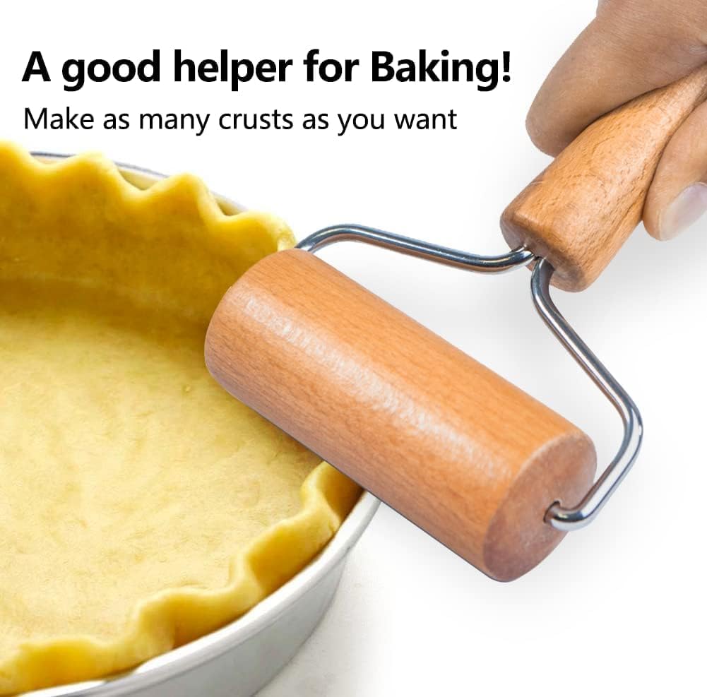Wooden rolling pin with U-shaped metal handles rolling pastry dough