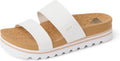 Reef platform sandal with two wide white straps and cork footbed cushion