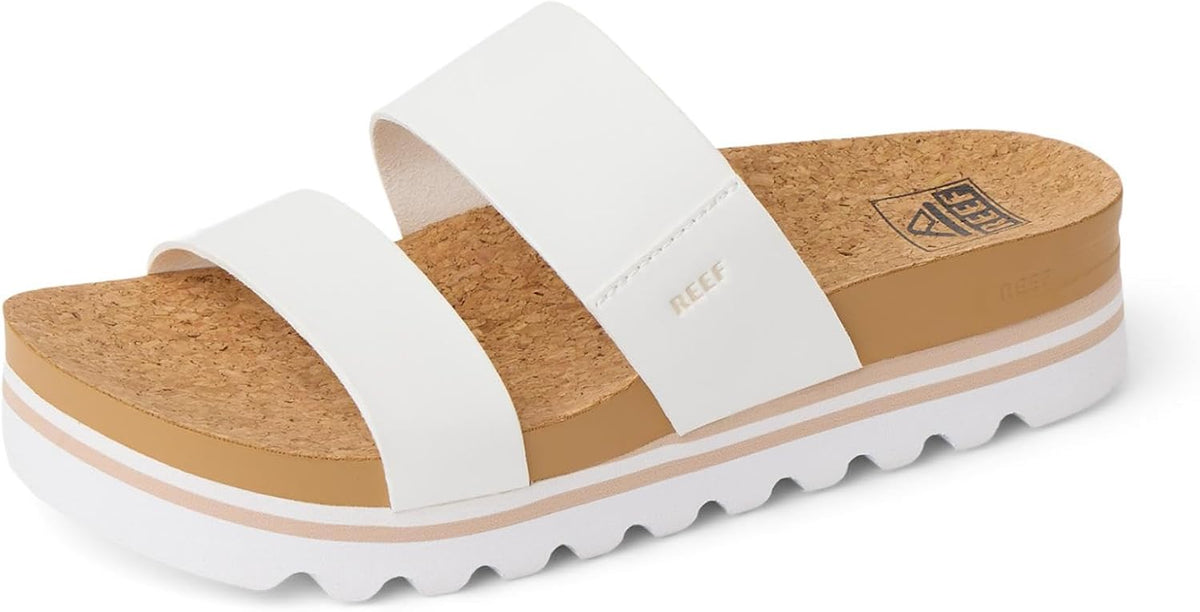 Reef platform sandal with two wide white straps and cork footbed cushion