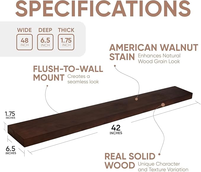 Dark brown 42-inch floating shelf with flush-to-wall mounting, 6.5-inch depth