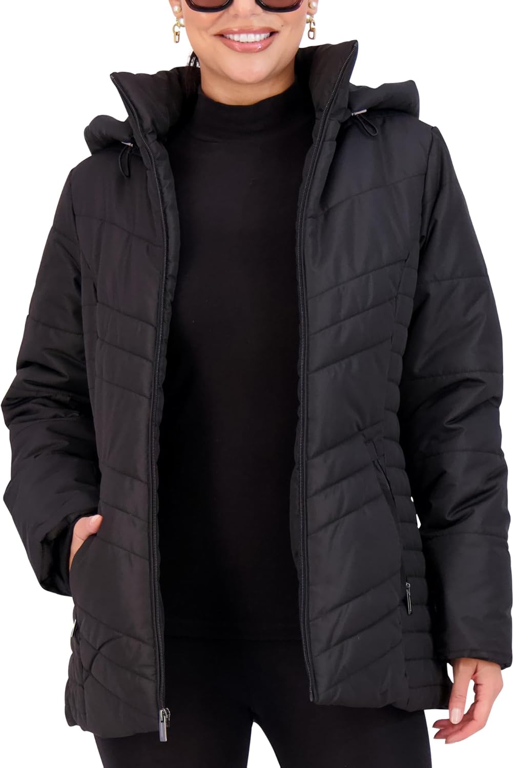Women’s black quilted puffer jacket with full-zip front and bungee hood