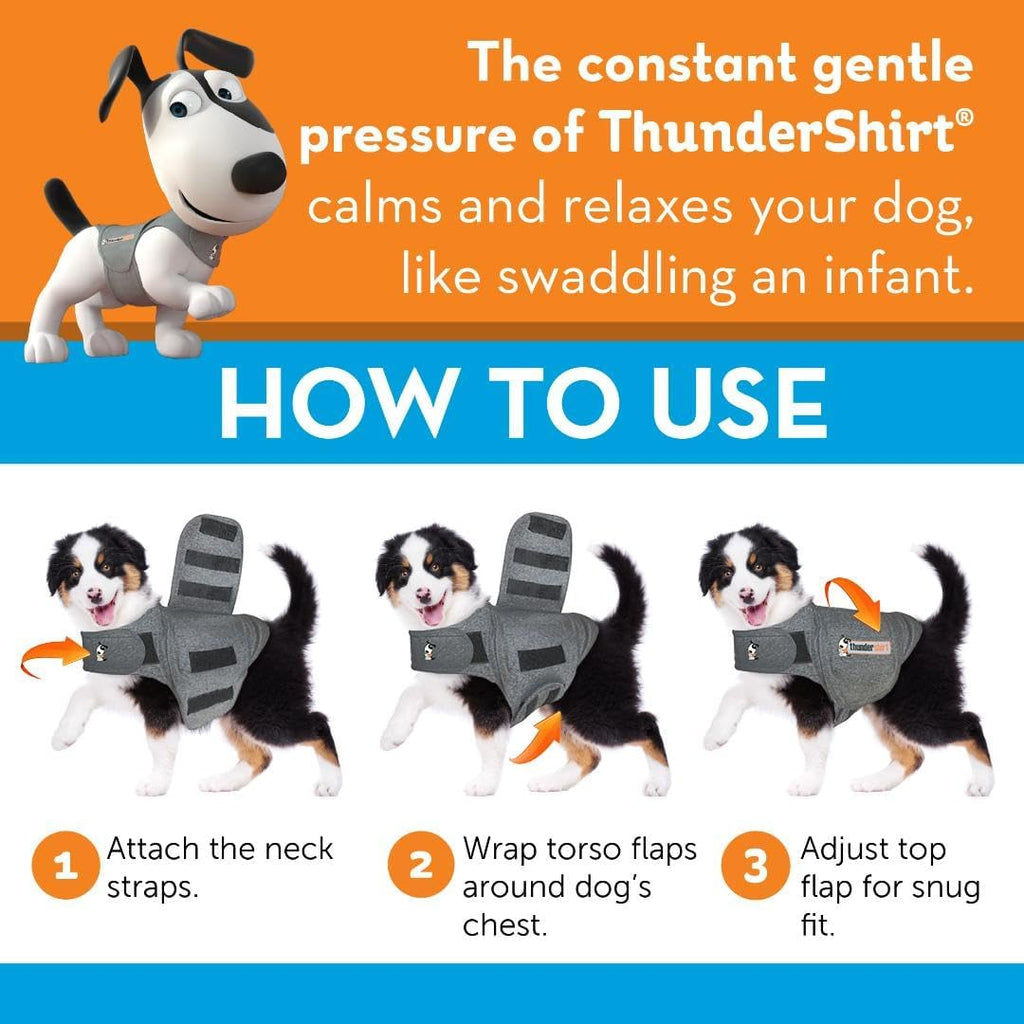 ThunderShirt vest fitting guide showing how to fasten straps and wrap the flaps