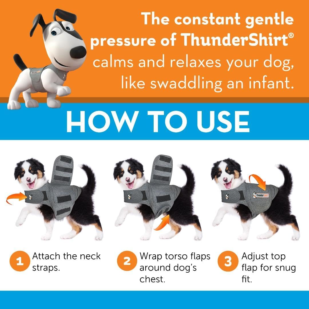 ThunderShirt vest fitting guide showing how to fasten straps and wrap the flaps