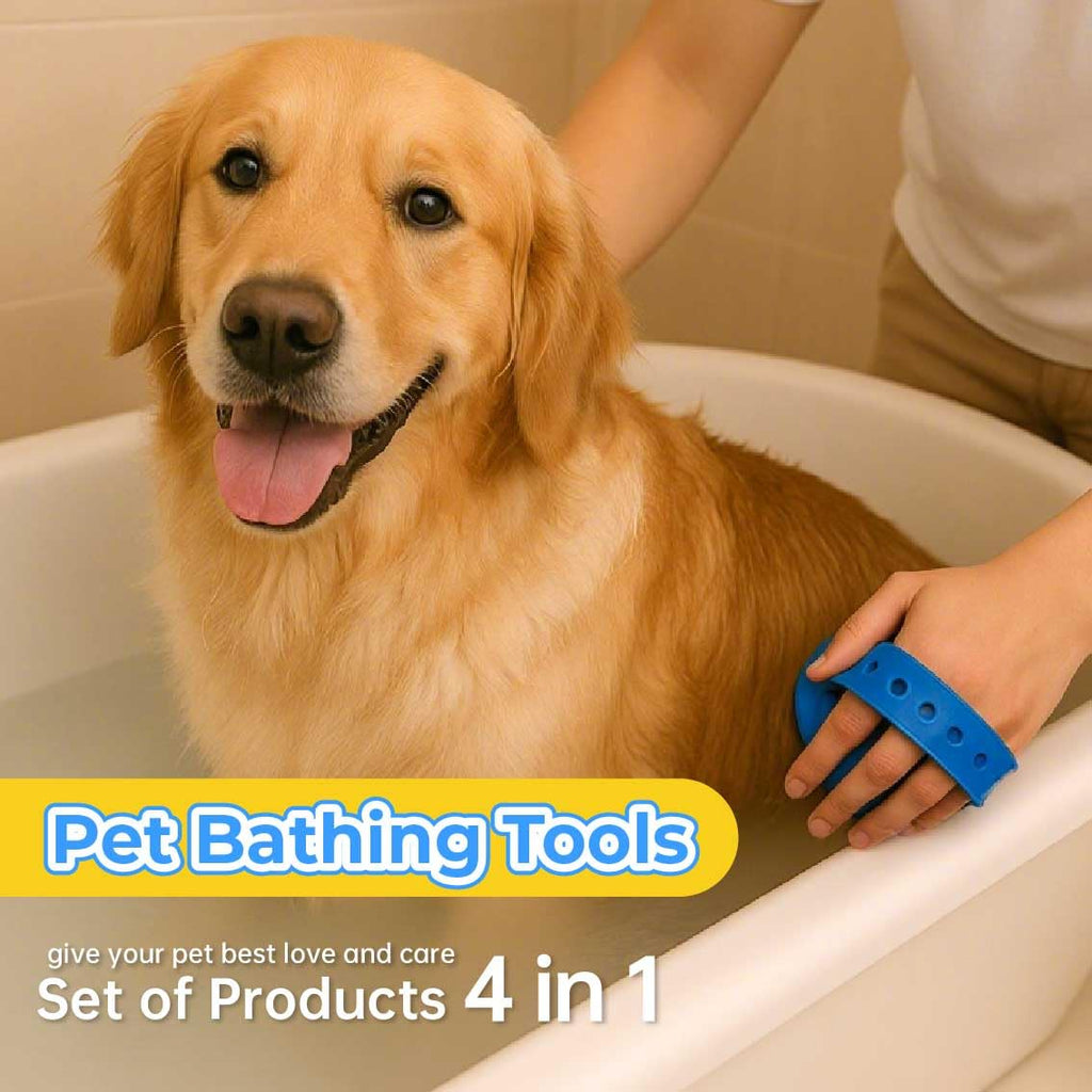 Blue pet bath massage brush held near a dog in a bathtub