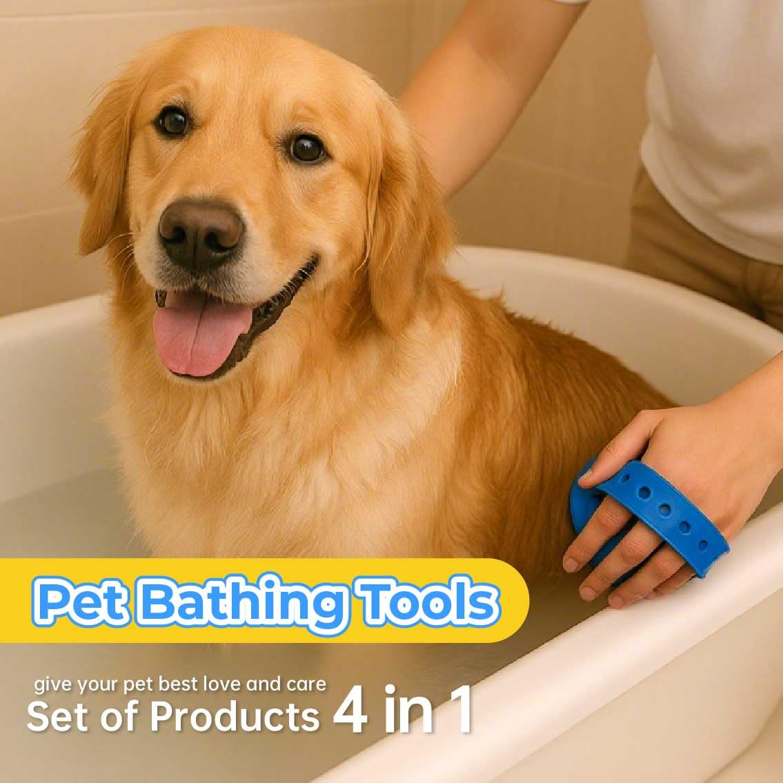 Blue pet bath massage brush held near a dog in a bathtub