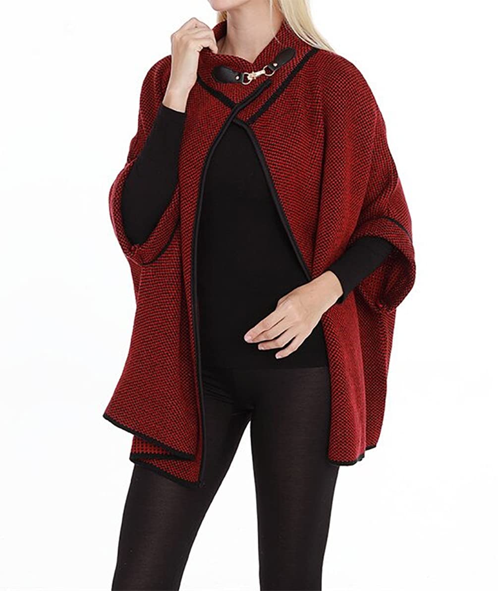 Burgundy textured knit shawl cardigan with black inner panel and neck buckle