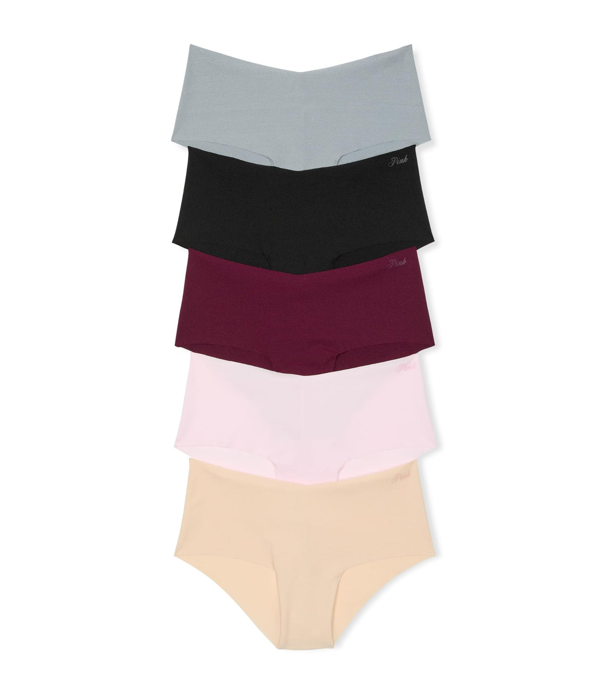 No-show cheeky panties 4-pack in heather gray, black, burgundy, light pink, nude