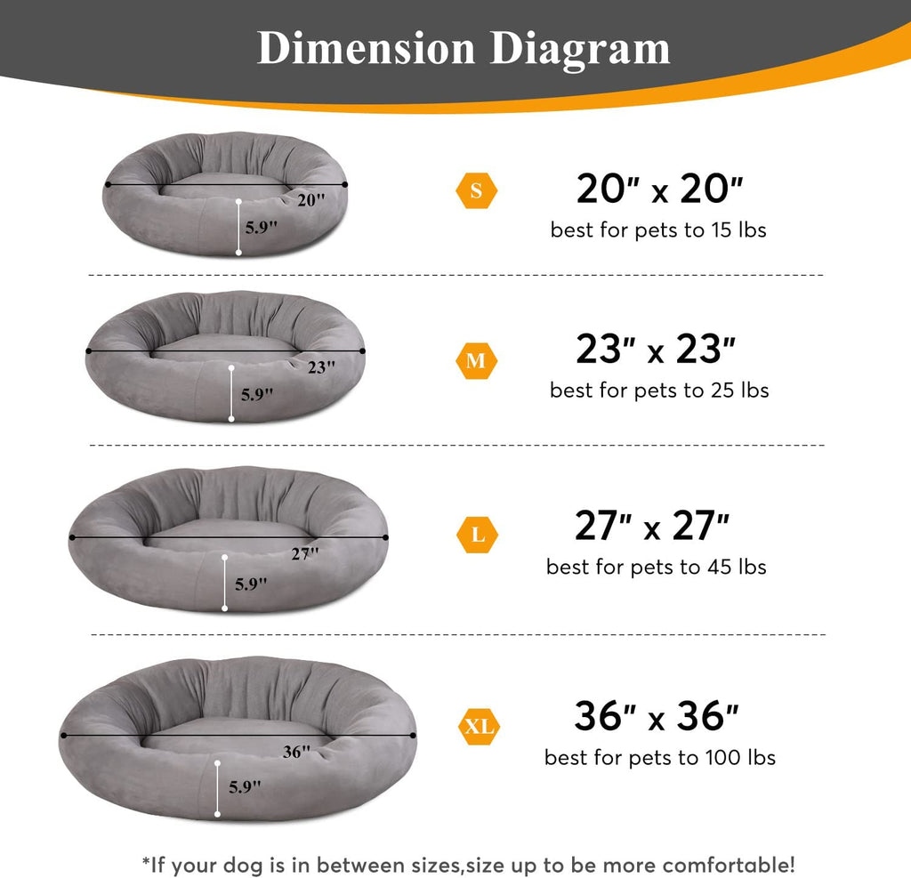Grey round pet bed cushion with size diagram showing dimensions for multiple sizes.
