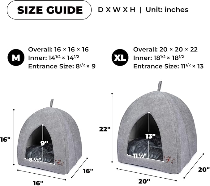 Gray pet tent size guide showing measurements for M and XL overall and entrance sizes