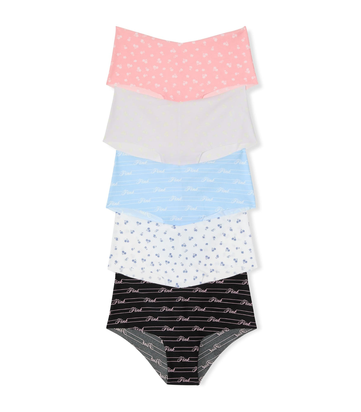 No-show cheeky underwear 4-pack in pink, white, blue, and black stripe prints