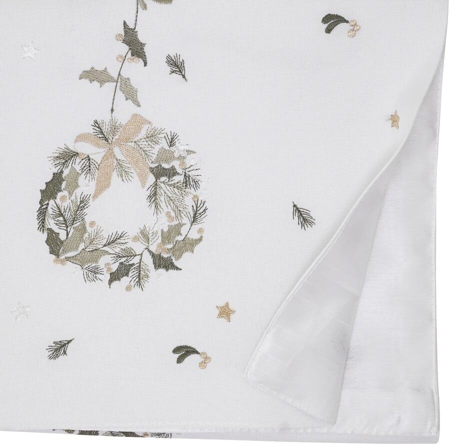 White Christmas table runner fabric with embroidered wreath and gold star accents