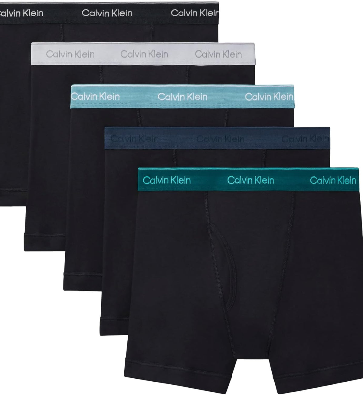 Calvin Klein men’s cotton boxer briefs 5-pack in black with teal and gray logo waistbands