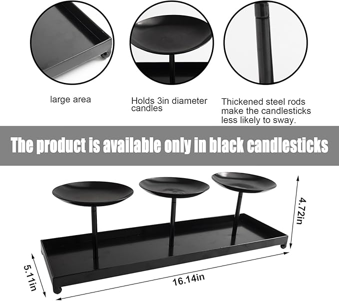 Black metal three-candle holder with three round plates and vertical rods for pillar candles