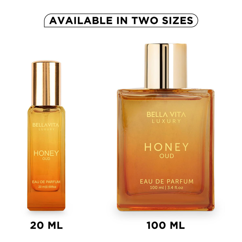 Honey Oud eau de parfum set with two amber bottles, gold caps, 20 ml and 100 ml