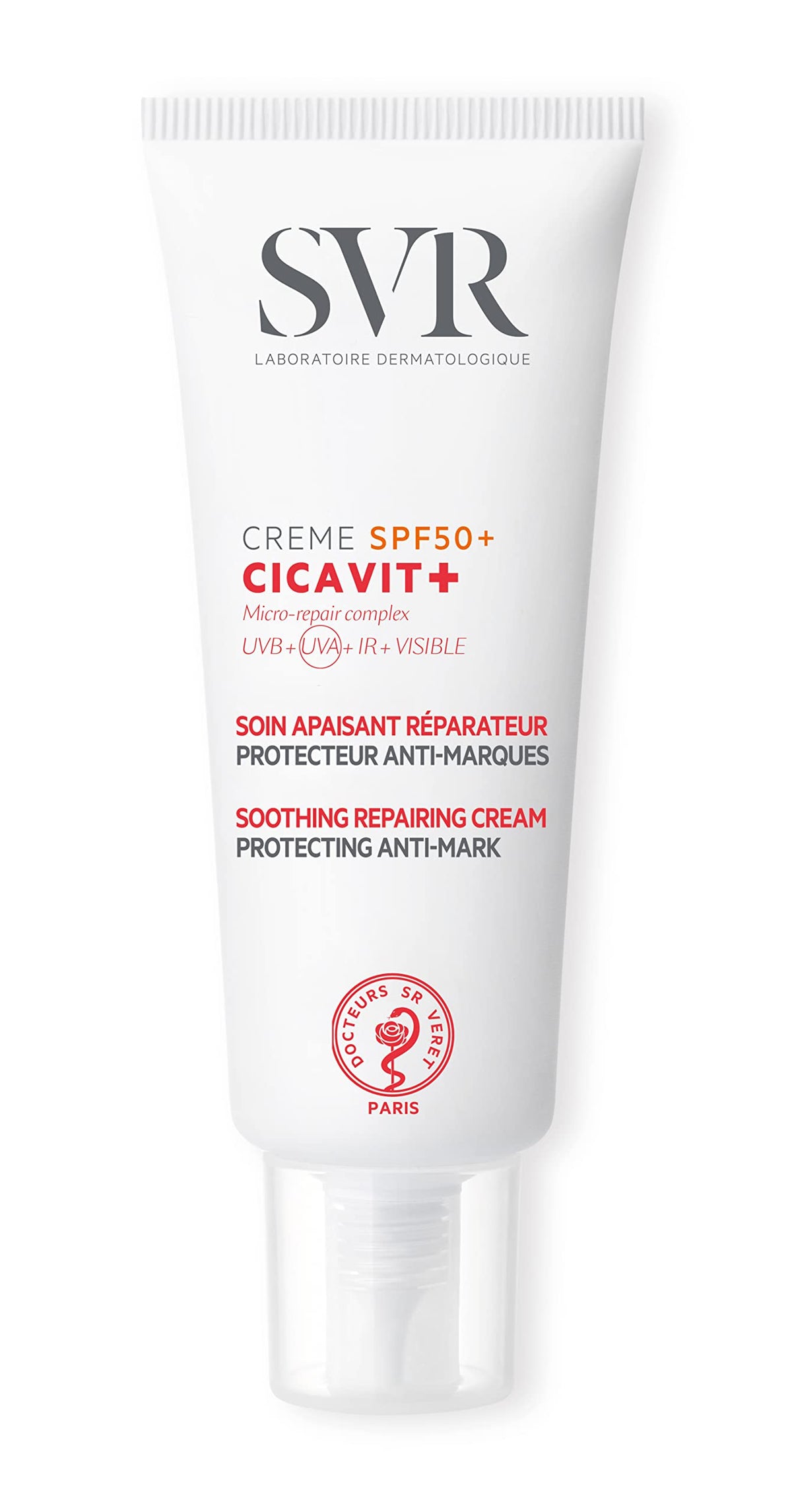 SVR Cicavit+ SPF50+ healing cream in white squeeze tube, front label visible