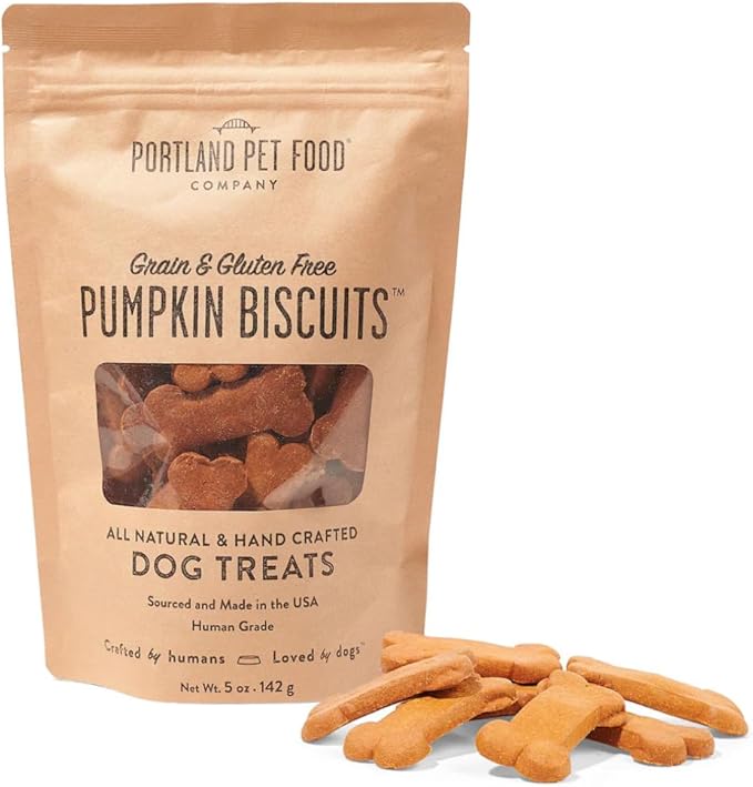Grain- and gluten-free pumpkin dog biscuits in kraft stand-up pouch with clear window