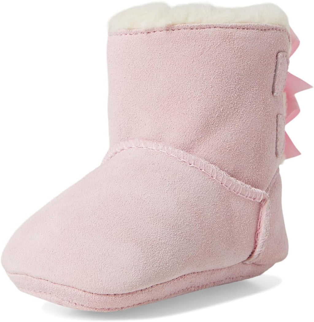 Pink baby suede booties with cuff lining and small side bow tab