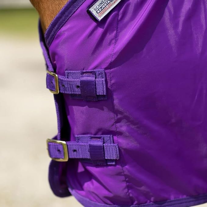 Purple horse sheet side panel showing buckle straps and stitched fabric