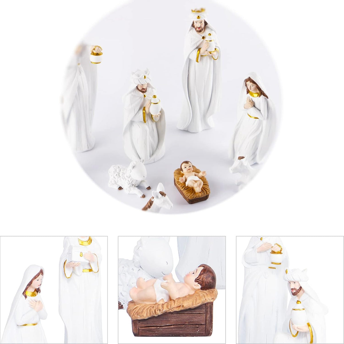 White resin nativity figures arranged in a circular scene with manger and animals