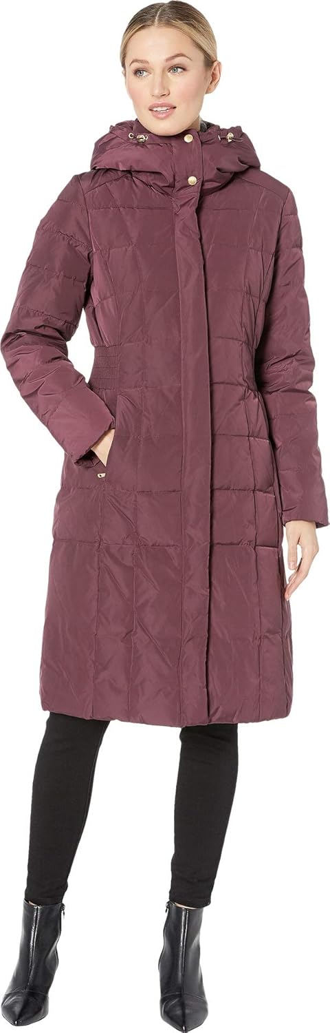 Women's long quilted puffer coat, merlot, hooded with front zipper and side pockets