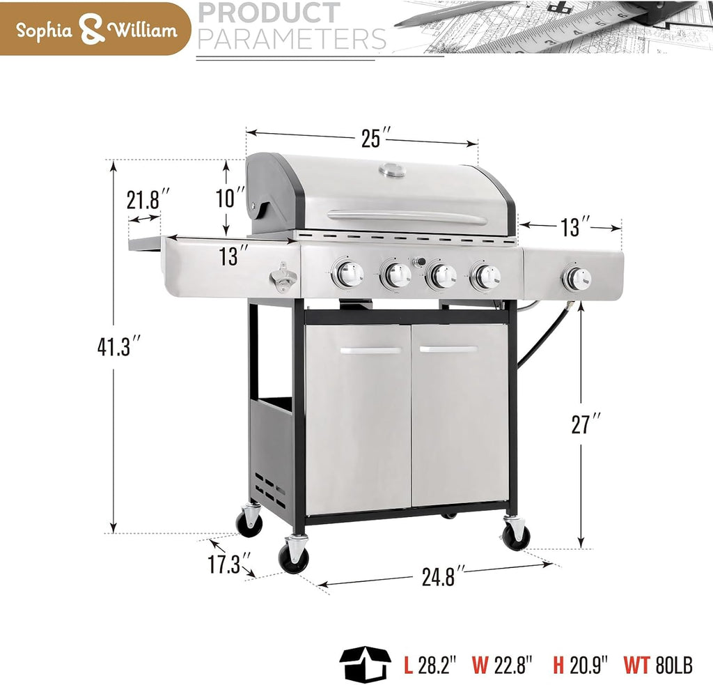 Stainless propane BBQ grill with side burner, front view and control panel