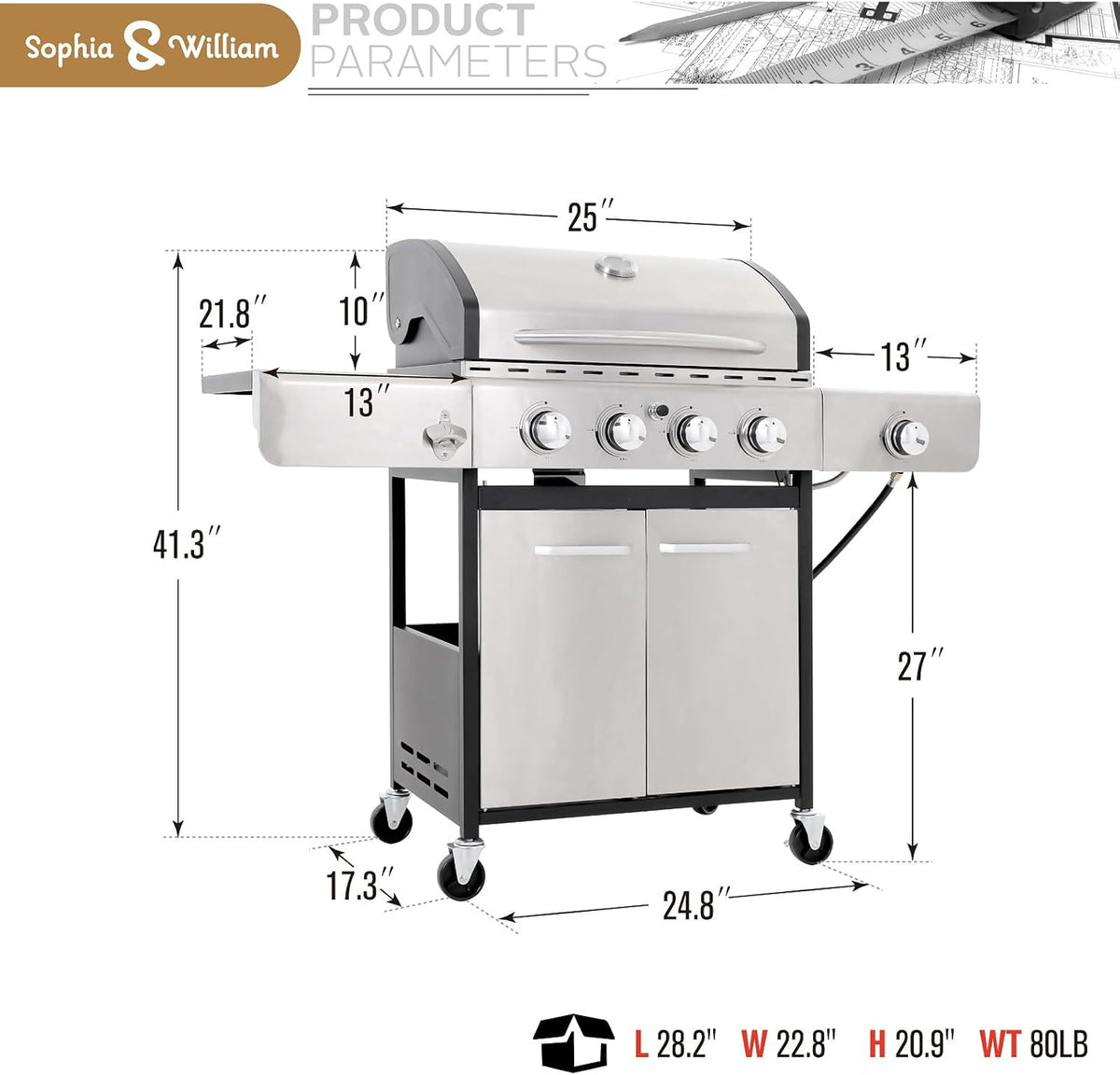 Stainless propane BBQ grill with side burner, front view and control panel