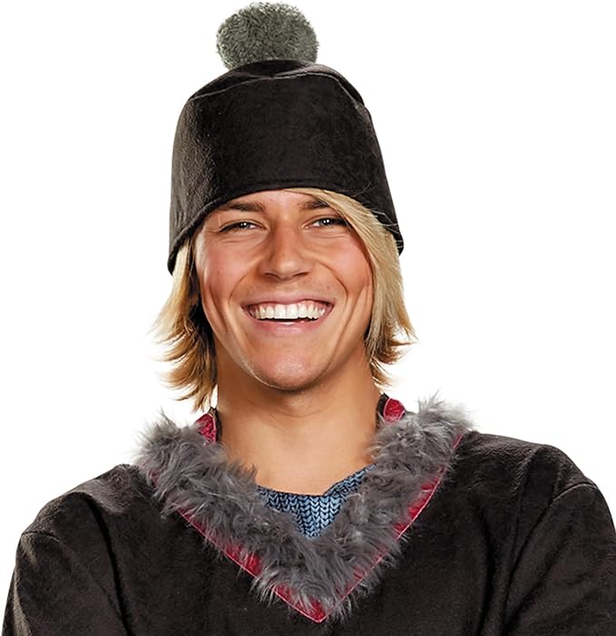 Black fur-trim tunic with blue knit collar and matching hat with gray pom