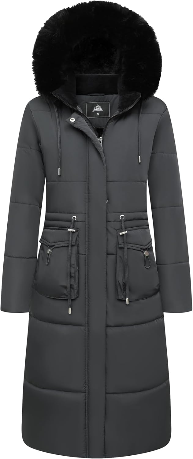 Dark grey long puffer coat with faux fur hood, zipper front, drawstring waist pockets