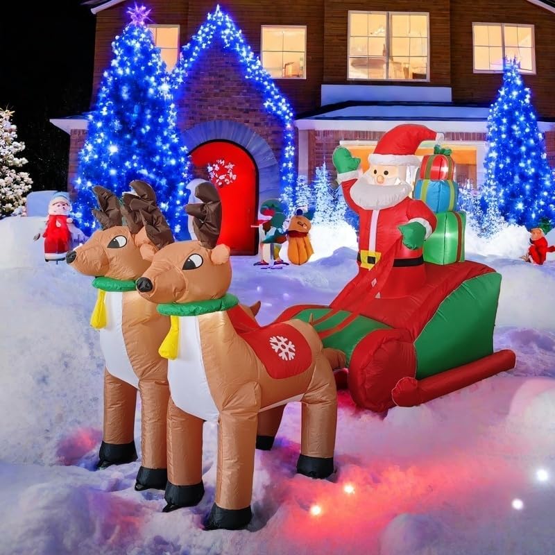 Inflatable Christmas deer pull car with Santa and two reindeer, blue LED light-up outlines