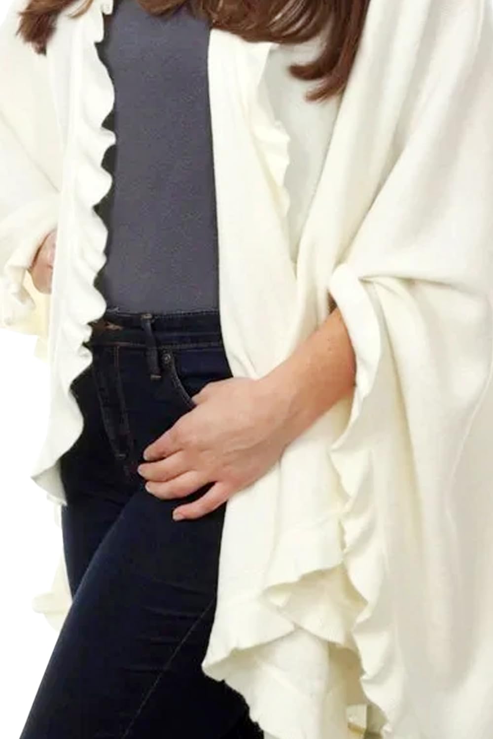 Ivory ruffle-trim knit poncho cape with open front and layered ruffle edge