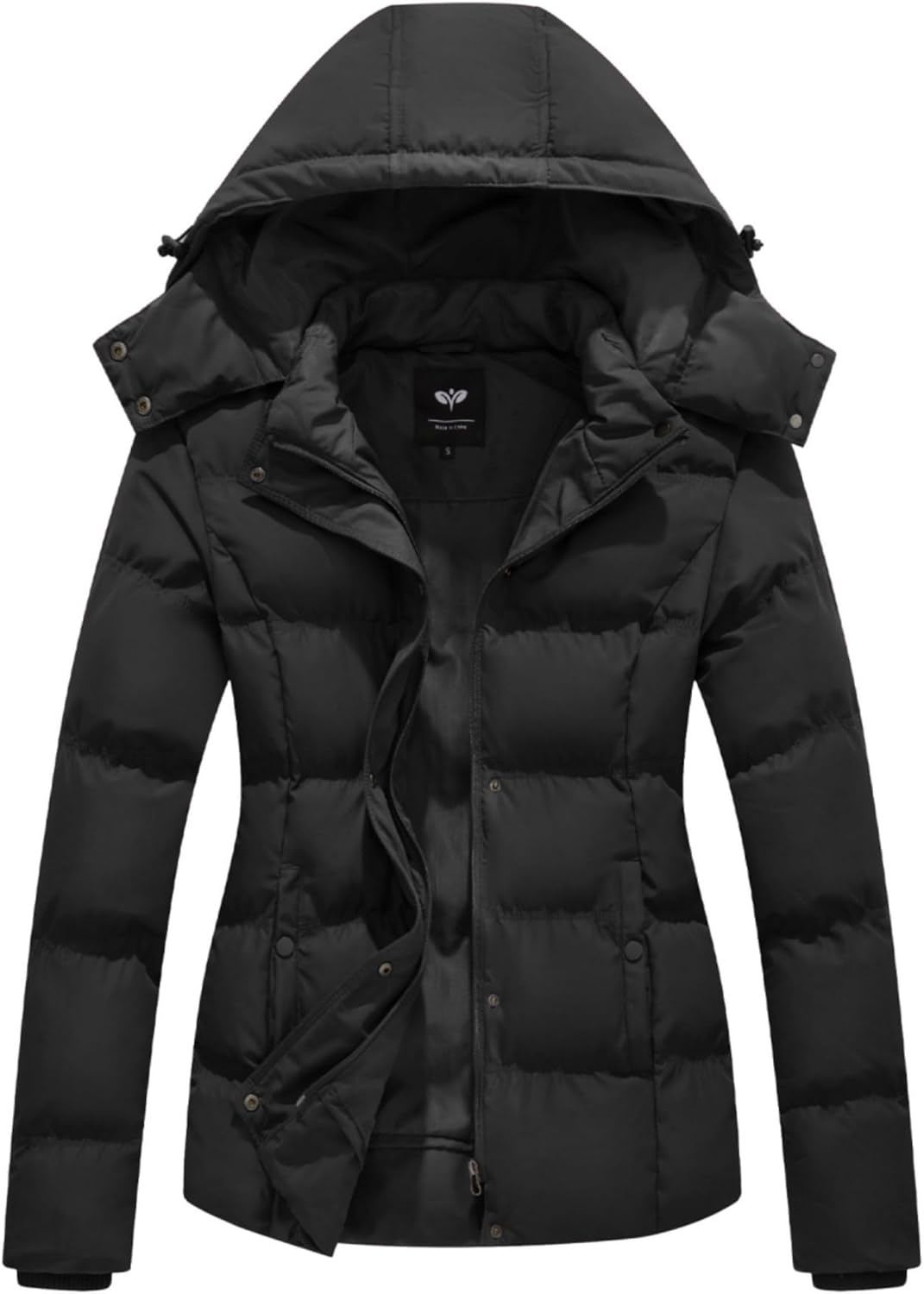 Women’s black quilted puffer jacket with removable hood, button front, and side pockets