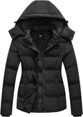 Women’s black quilted puffer jacket with removable hood, button front, and side pockets