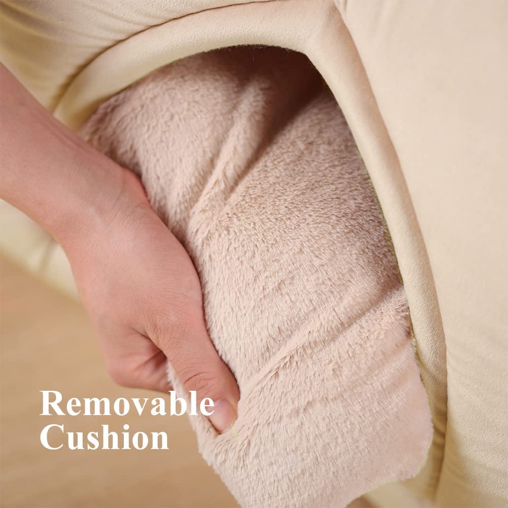 Removable cushion feature inside a cream pet tent bed with plush lining