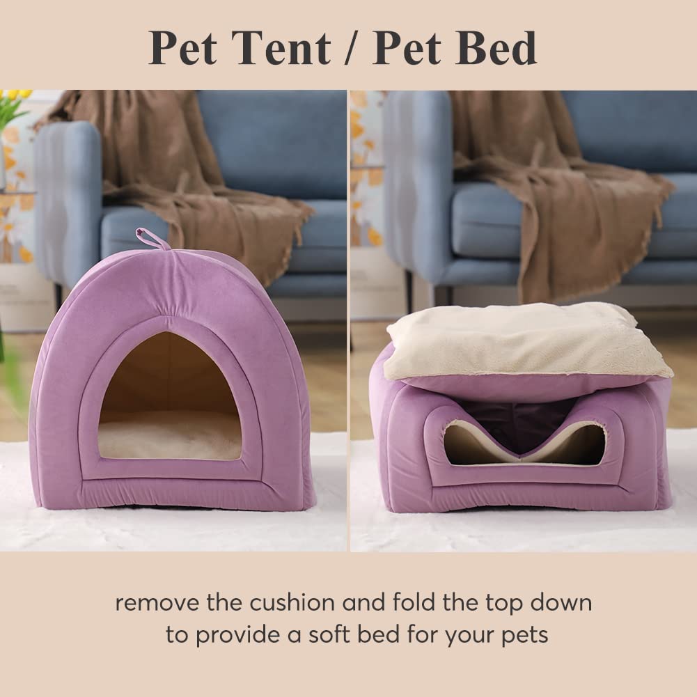 Purple pet tent bed with removable cushion, shown with top folded down