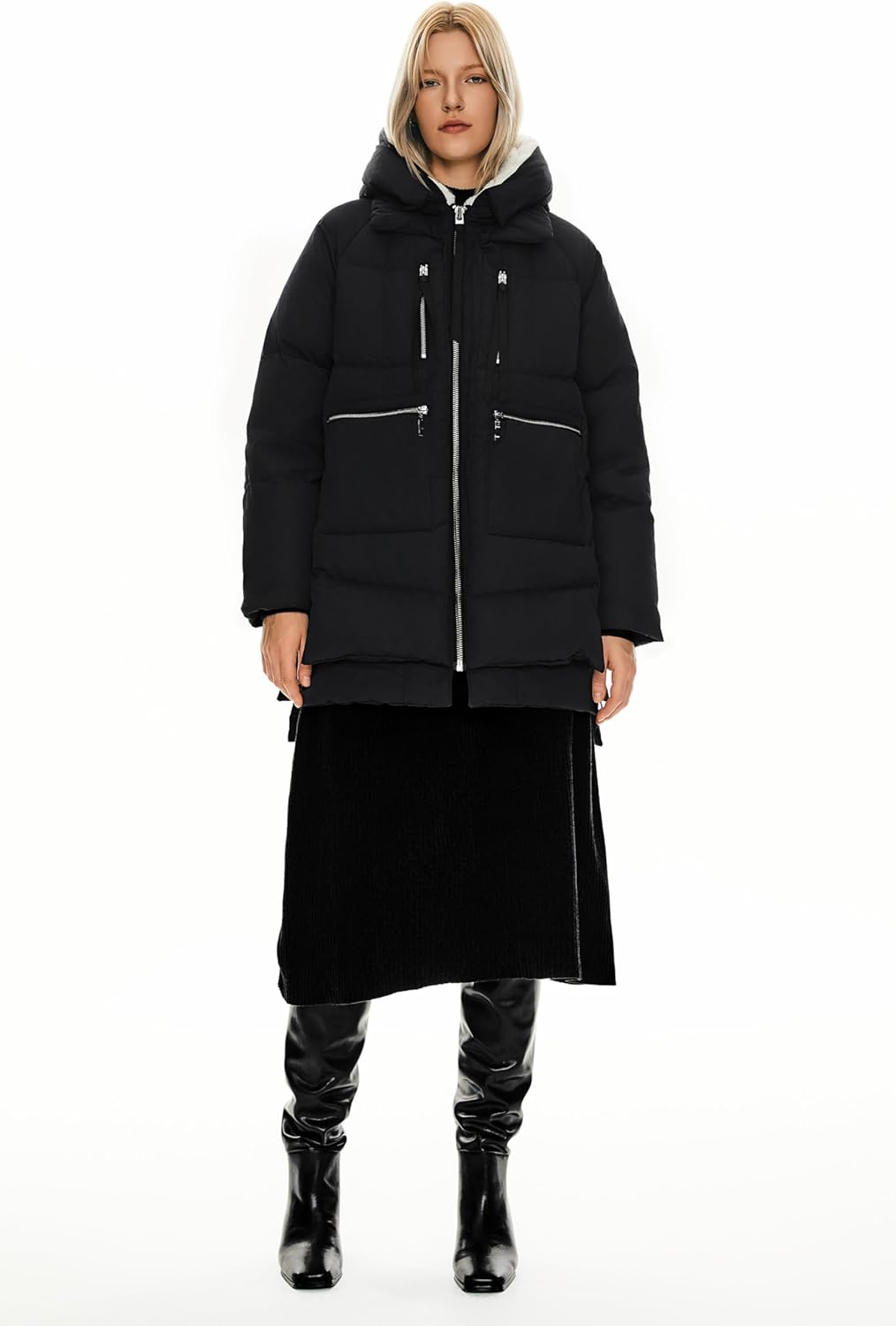 Black hooded puffer down jacket with front zip, drawcord hood, and zip chest pockets