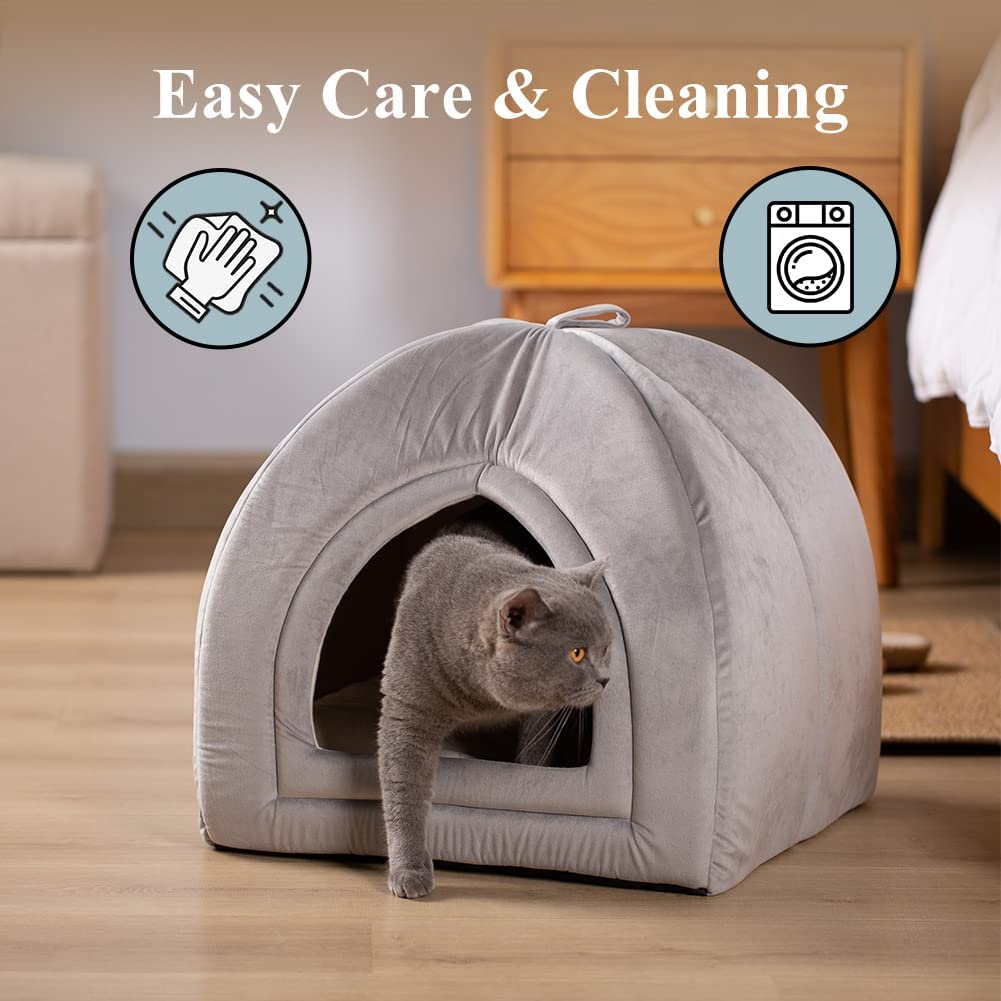 Grey pet tent bed with arched entrance and plush insert, cat sitting inside