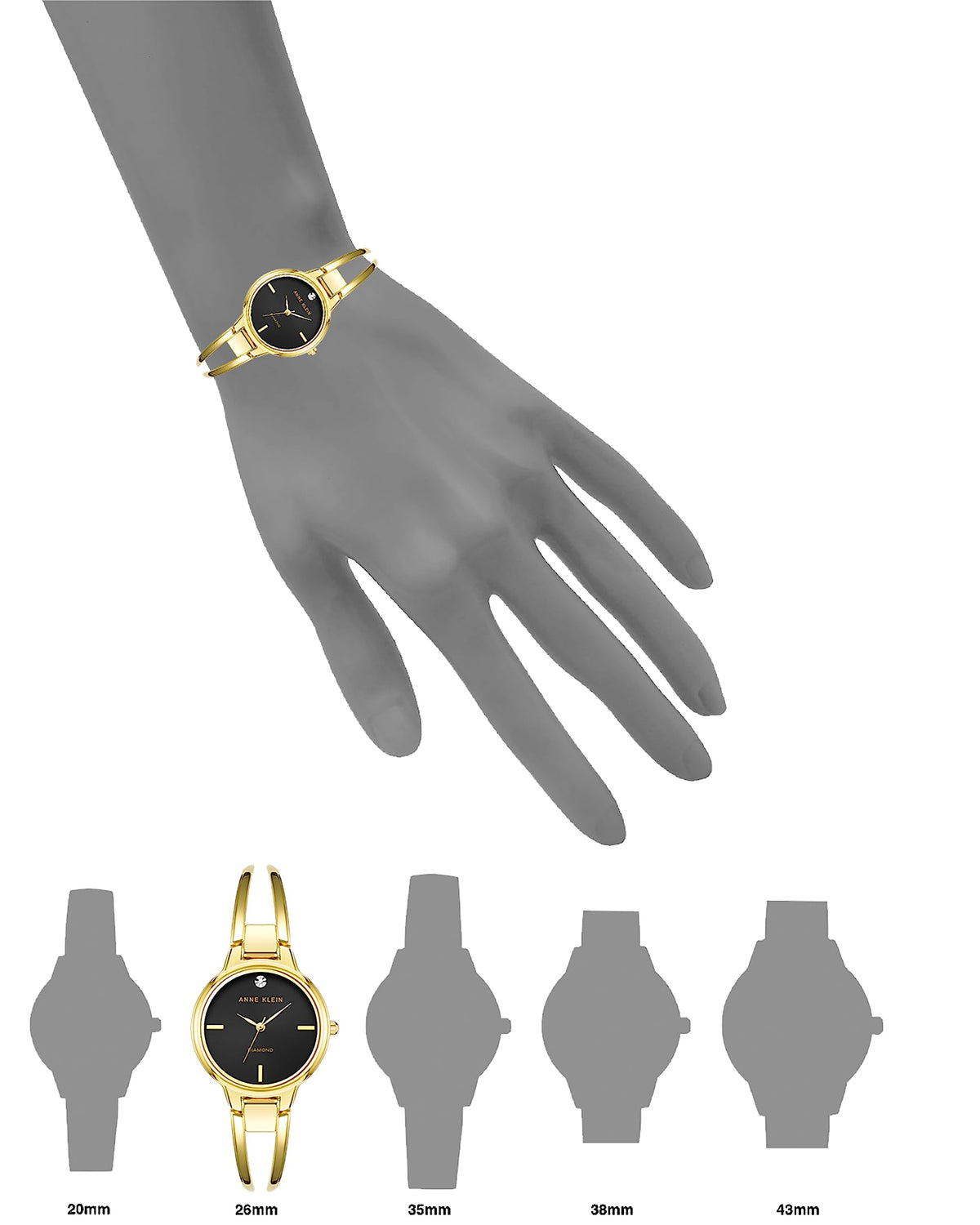 Gold tone quartz bracelet watch on hand, black dial and round bezel